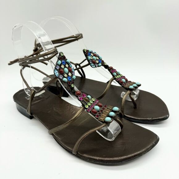 Stuart Weitzman Alaking Crystal Embellished Gladiator Sandal In Brass Mordorf - Picture 2 of 11